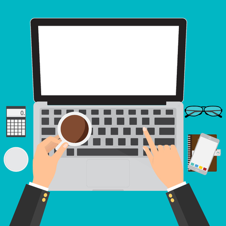 Businessman hand with coffee cup and work with computer laptop on workplace. Flat design illustration business digital marketing concept.のイラスト素材