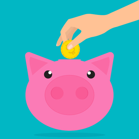 Human hand putting coin into a piggy bank with shadows. Flat design vector illustration money saving concept.のイラスト素材
