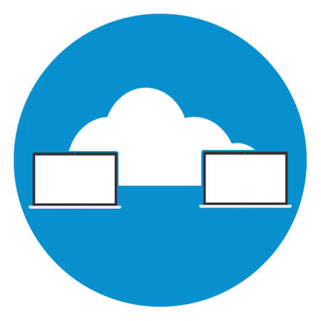 Two computers laptop connected cloud icon. Vector illustration cloud computing technology world...