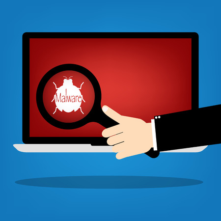 Human hand hold a magnifying glass find malware bug computer virus on laptop notebook with red background. Vector illustration business computer security technology concept.のイラスト素材