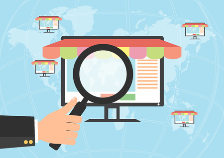 Businessman hold a magnifying glass for choosing internet online shopping on world map background.  E-Commerce online shopping concept.のイラスト素材