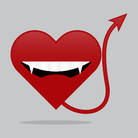 Red vampire heart with tail and shadow. Vector illustration Valentines day I love you concept.のイラスト素材