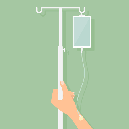 Human hand with smart phone saline solution. Vector illustration social addiction internet online concept.のイラスト素材
