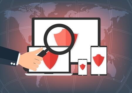 Personal computer, laptop notebook, tablet and smart phone with safe gard protect any virus on world map background. Vector illustration business computer security and data privacy technology concept.のイラスト素材