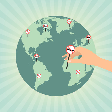 Human hand putting no smoking sign on globe wold map on sun rays background. Vector illustration flat design World No Tobacco Day concept.のイラスト素材