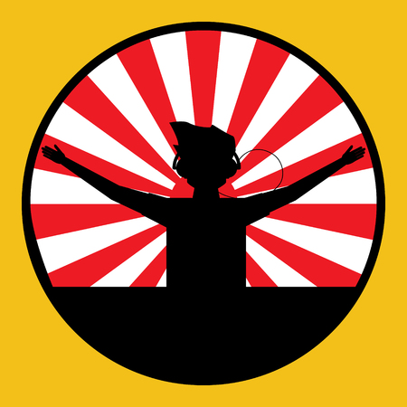 Shadow man raise his arms with headphone and sun ray in background design. Vector illustration.のイラスト素材
