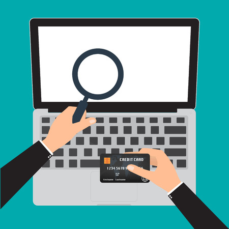 Businessman hand hold a magnifying glass find any issue and hold a credit card for paying with laptop notebook pc. Vector illustration security and privacy of online payment concept.のイラスト素材