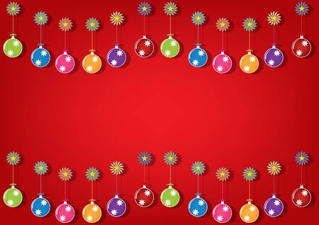 Christmas multicolor balls and colorful ornaments on brigh red background. Vector illustration design.のイラスト素材