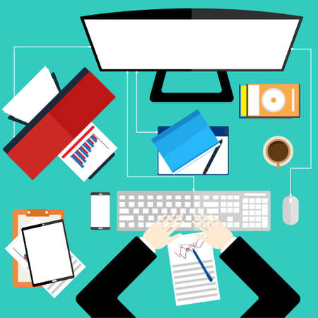 Working on computer in workplace business office. Top view of hand on green desk background with printer mobile phone, mouse pen, digital device and paper with graph. Flat design vector illustration.のイラスト素材