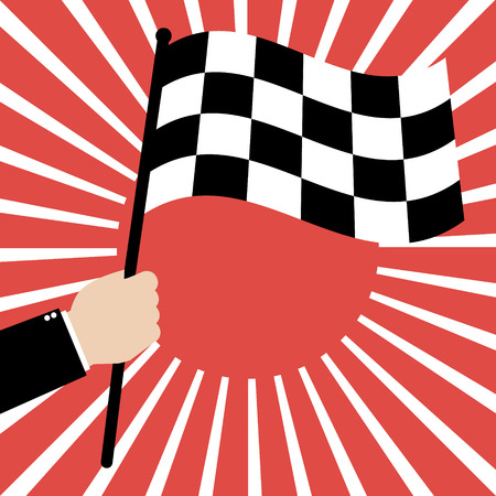 Businessman hold a Race finish flag on red sunrays background. Vector illustration business success concept design.のイラスト素材