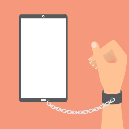 Human hand with chained with smart phone on orange background. Vector illustration technology of internet social addiction concept.のイラスト素材