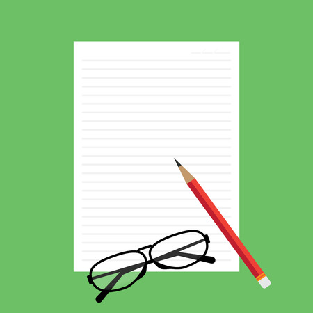 Top view of blank paper with line red pencil green desk background with glasses. Vector illustration flat design.のイラスト素材