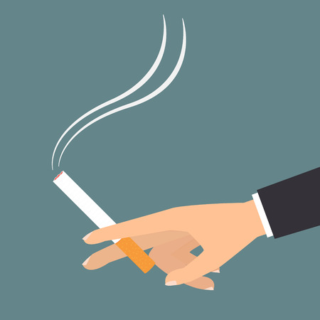 Human hand holding a cigarette for smoking on green background. Vector illustration flat design.のイラスト素材