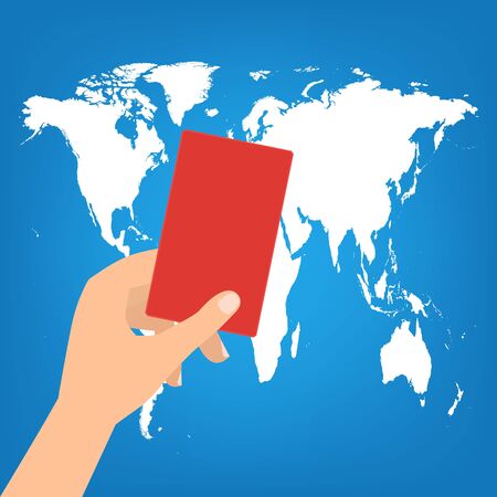 Human hand hold a red card on world map background. Vector illustration boycott concept.のイラスト素材