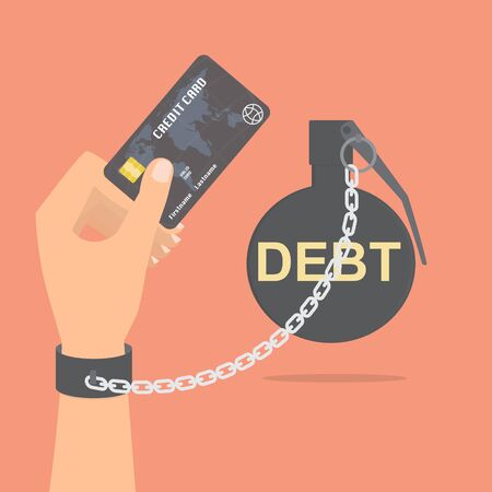 Human hand with debt bomb chained holding credit card. Vector illustration business loan with debt concept.のイラスト素材