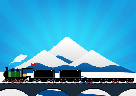 Vintage Steam engine locomotive train truck moving down railroad track on river bridge and on ice mountain with snow and sun ray in background. Vector illustration flat design transportation concept.のイラスト素材
