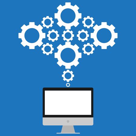 Computer PC connected to gears cloud. Vector illustration cloud computing concept design.のイラスト素材