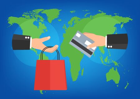Businessman holding shopping bag and credit card for online shopping on world map background. Vector illustration mobile payment omnichannel e-commerce concept.のイラスト素材