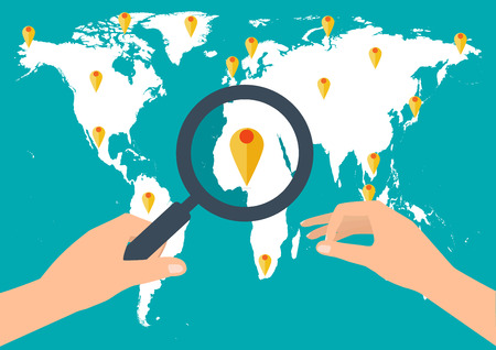 Human hand holding holding magnifying glass for finding the best travel destination in summer holiday on world map. Flat modern design style vector illustration travel concept.のイラスト素材