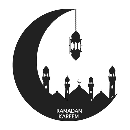 Black moon with mosque and lantern on white background. Vector illustration happy Ramadan Kareem greeting card design.のイラスト素材