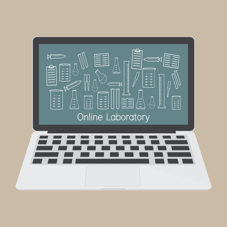 Computer laptop with laboratory accessories icon. Vector illustration fla design technology of online education concept.のイラスト素材