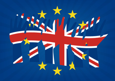 Raise hands with flags of the United Kingdom on  European Union flag with sun rays background to illustrate the exits of great Britain from EU. Vector illustration of Brexit concept design.のイラスト素材