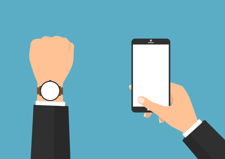 Businessman hand holding a blank screen tablet smartphone with blank screen smart watch blue background. Vector illustration flat design business technology concept.のイラスト素材