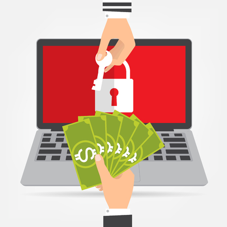Businessman hand holding money banknote for paying the key from hacker for unlock laptop got ransomware malware virus computer. Vector illustration technology data privacy and security concept.のイラスト素材