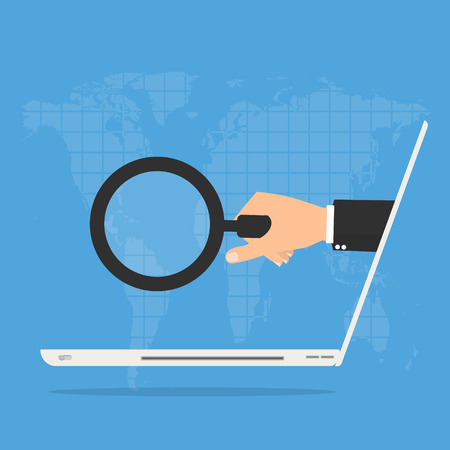 Businessman hand with magnifying glass from laptop computer on world map background. Online Scam business concept.のイラスト素材