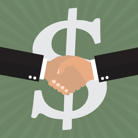Business partnership meeting and successful businessmen handshaking after good deal with dollar sign on sunray background.Business success concept.のイラスト素材