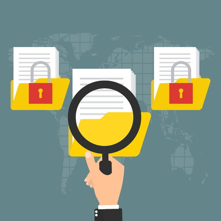 Business data protection analysis. Hand holding magnifying glass for seeing document folder encrypted protected critical important document data. Vector illustration business data privacy concept.のイラスト素材