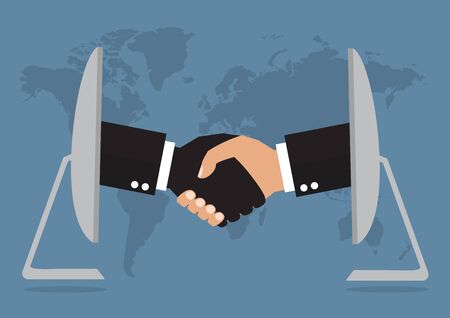 Businessmen handshaking from online computer after good deal on world map background. Vector illustration business online network concept.のイラスト素材