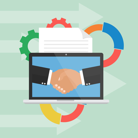 Laptop computer online with businessmen handshaking on screen after good deal. Digital Online Marketing business concept.のイラスト素材