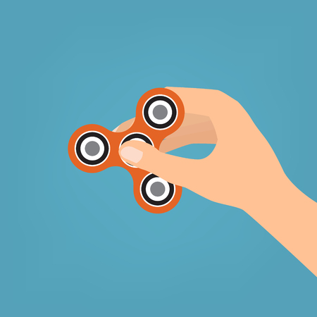 Human hand with Hand spinner, Fidget Spinner toy for increased focus on blue background. Vector illustration.のイラスト素材