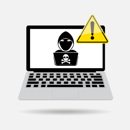 Computer laptop with Exclamation mark and black shadow hacker on screen. Vector illustration cybercrime and cyber security concept.のイラスト素材