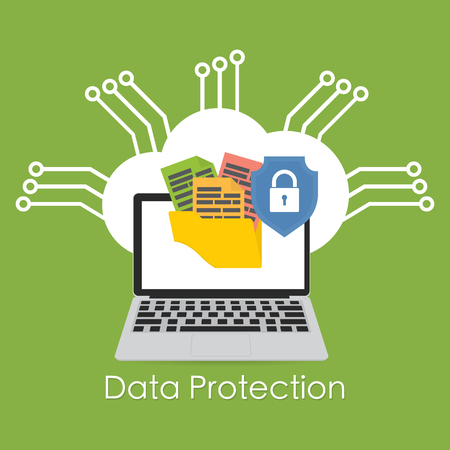 Cloud data protection banner. Computer laptop with folder lock icon file protection. Data security and privacy concept. Safe confidential information. Vector illustration in flat style.のイラスト素材