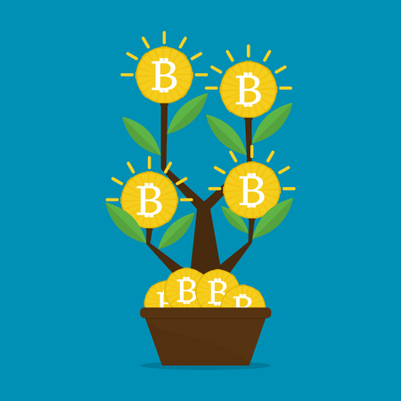 Money bitcoins tree on blue screen background growth and investment concept. Vector illustration business concept design.のイラスト素材