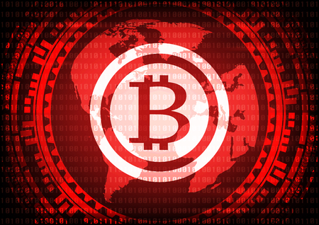 Abstract technology bitcoins logo on binary code and gear world map background . Vector illustration cybercrime and cyber security concept.のイラスト素材