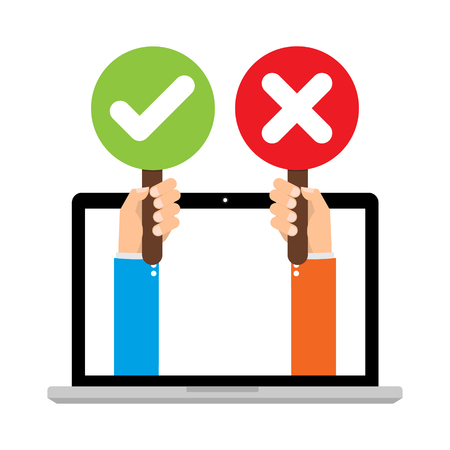 Businessman hand hold signboard Green check mark and red X mark Right and Wrong for feedback from laptop computer. Cartoon flat vector illustration business concept.のイラスト素材