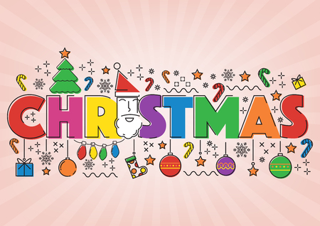 Vintage Christmas flat line doodle with sun rays background. Vector illustration Merry Christmas holliday background concept.のイラスト素材