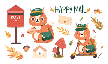 Autumn post set. Cute squirrel mailman with leaves, letters, mail box, mail bag. Isolated Fall woodland elements. Hand-drawn flat vector illustrationのイラスト素材