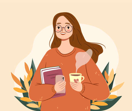 Autumn girl with tea and books. Isolated young woman in a sweater. Cozy fall vector illustrationのイラスト素材