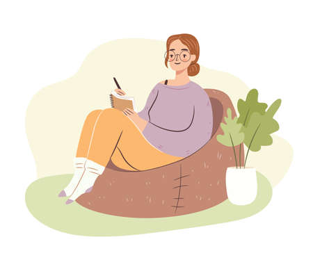 Young woman in bag chair studying. Student girl writing in notebook, journaling. Hygge home atmosphere. Flat vector illustrationのイラスト素材