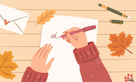 Woman hands with pen writing letter on a paper sheet. Top view. Autumn maple leaves on desk, letter envelope, pens. Cozy autumn illustration. Flat vector design.のイラスト素材