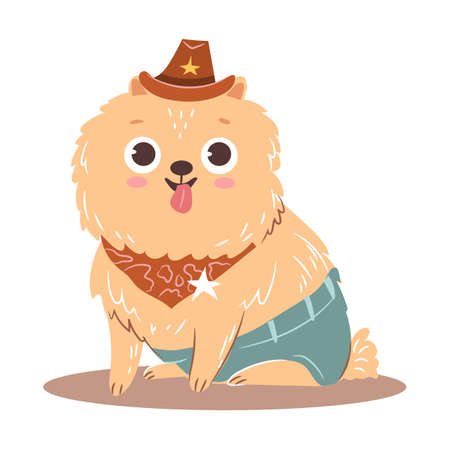 Dog in Halloween cowboy costume. Cute isolated baby spitz. Flat vector cartoon illustrationのイラスト素材