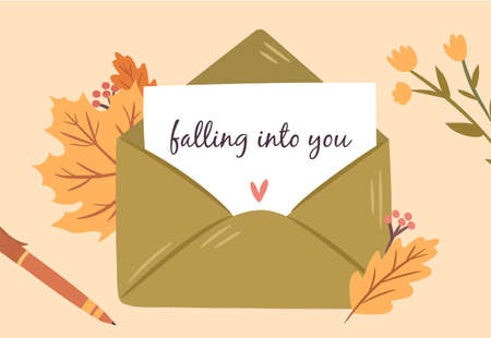 Autumn post with leaves composition. Love letter in envelope decorated with Fall season elements and...
