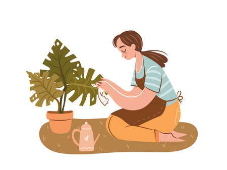 Happy plant lady. Young woman plant lover taking care of houseplant. Girl with potted plant. Flat vector illustration on white backgroundのイラスト素材