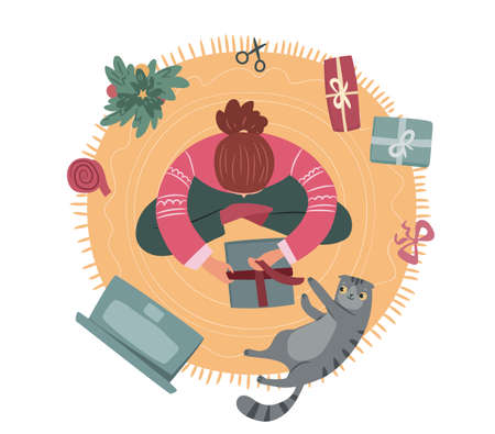 Girl wraps Christmas presents. Top view of a girl and cat wrapping xmas gifts. Flat hand-drawn vector illustrationのイラスト素材
