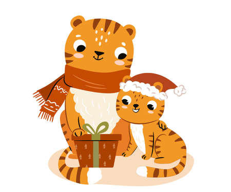 Cute tigers with new year present. Mom and baby tiger in winter scarf and christmas hat. Isolated...