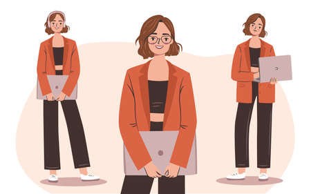 Confident business woman with laptop set. Young empowered woman in a stylish suit and glasses. Flat vector illustration.のイラスト素材